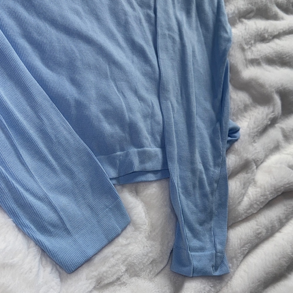 Blue Ribbed Long Sleeve Top XL Fitted Stretch Basic Layering Tee - Picture 5 of 9